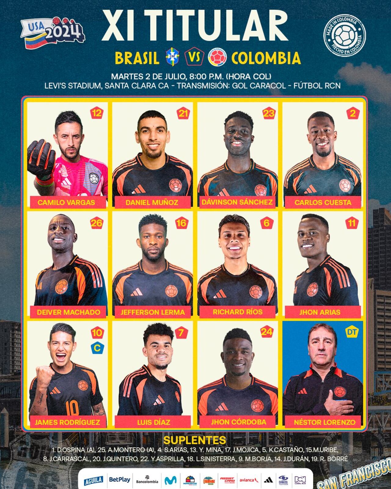 Formación titular de la Selección Colombia para enfrentar a Brasil por la fecha 3 del grupo D de la Copa América 2024.