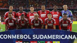 Players of Independiente Medellin pose for a team photo during the Copa Sudamericana group stage second leg football match between Colombia's Independiente Medellin and Bolivia's Always Ready at the Atanasio Girardot stadium in Medellin, Colombia, on May 29, 2024. (Photo by JAIME SALDARRIAGA / AFP)
