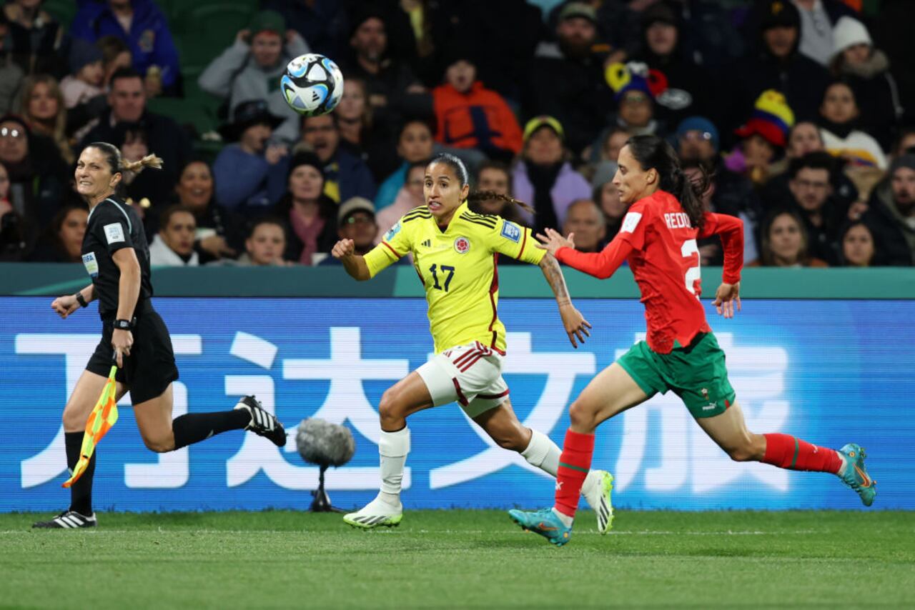 PERTH, AUSTRALIA - AUGUST 03: Carolina Arias of Colombia and Zineb Redouani of Morocco compete for the ball during the FIFA Women's World Cup Australia & New Zealand 2023 Group H match between Morocco and Colombia at Perth Rectangular Stadium on August 03, 2023 in Perth, Australia. (Photo by Paul Kane/Getty Images)