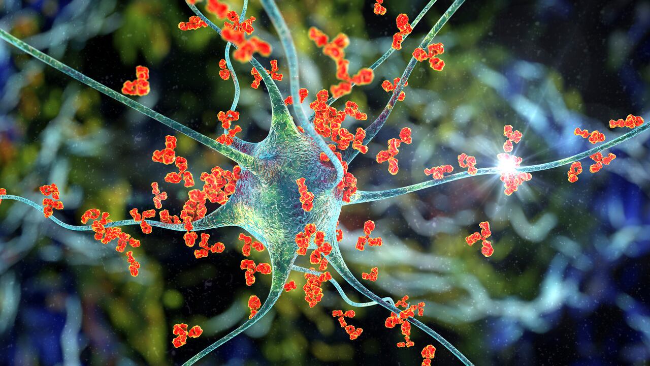 Anticuerpos que atacan a la neurona, ilustración 3D. Concepto de enfermedades neurológicas autoinmunes