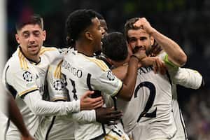 Real Madrid's players celebrate scoring their team's first goal during the UEFA Champions League final football match between Borussia Dortmund and Real Madrid, at Wembley stadium, in London, on June 1, 2024. (Photo by INA FASSBENDER / AFP)