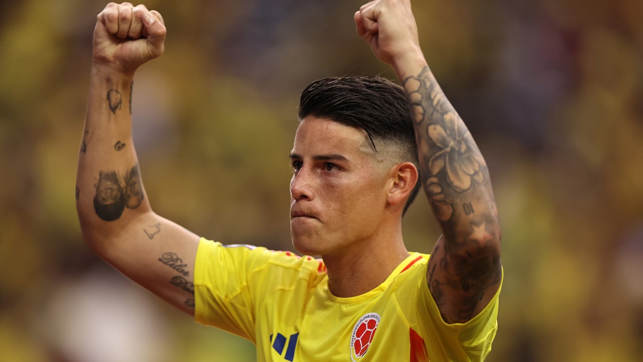 HOUSTON, TEXAS - JUNE 24: James Rodriguez of Colombia celebrates after winning the CONMEBOL Copa America 2024 Group D match between Colombia and Paraguay at NRG Stadium on June 24, 2024 in Houston, Texas. (Photo by Omar Vega/Getty Images)