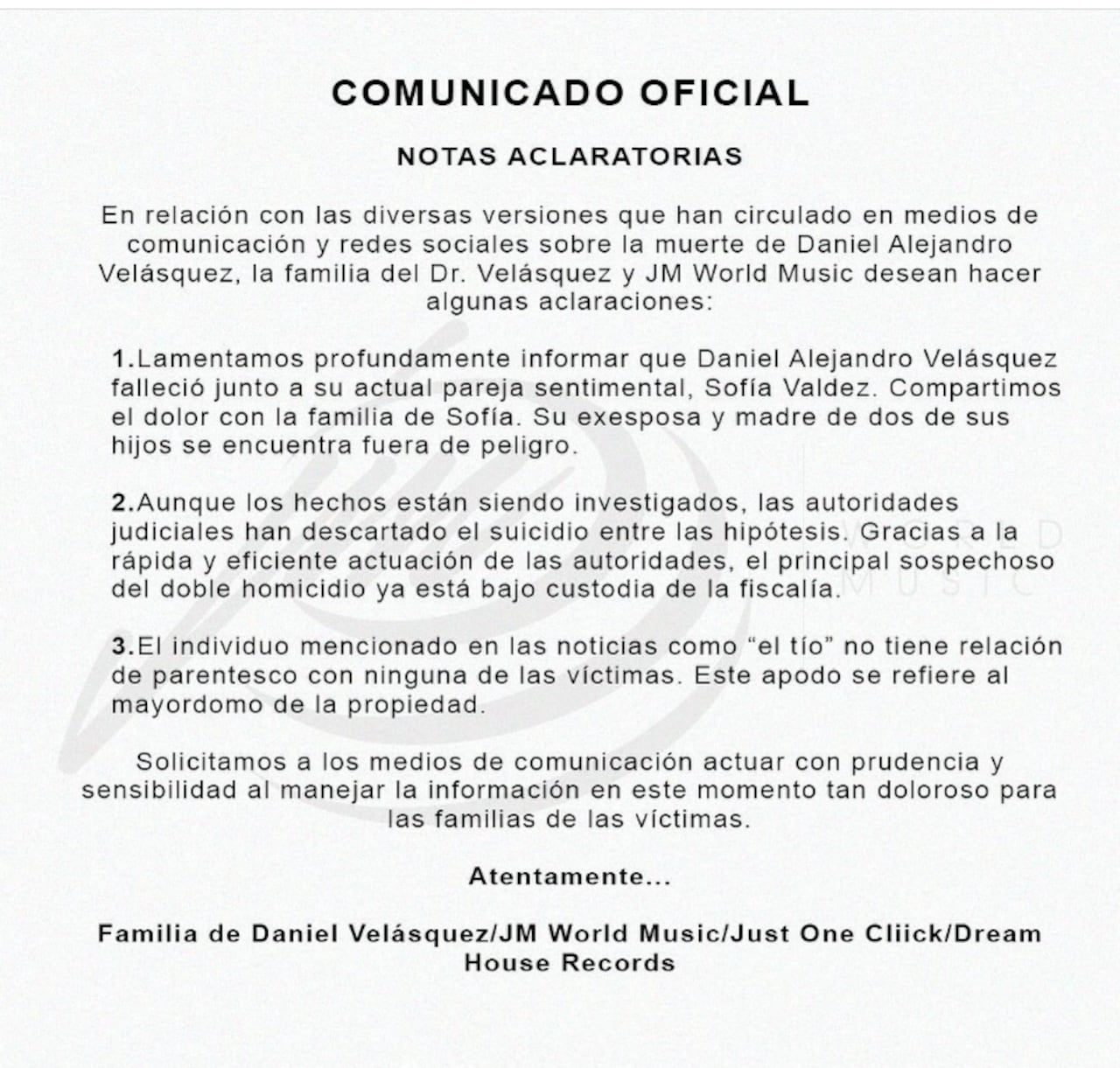 Comunicado de la familia de Dr. Velásquez tras su muerte y la de su esposa.