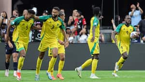 LAS VEGAS, NEVADA - JUNE 26: Michail Antonio of Jamaica celebrates with teammates after scoring the team's first goal during the CONMEBOL Copa America 2024 Group B match between Ecuador and Jamaica at Allegiant Stadium on June 26, 2024 in Las Vegas, Nevada.   Ethan Miller/Getty Images/AFP (Photo by Ethan Miller / GETTY IMAGES NORTH AMERICA / Getty Images via AFP)