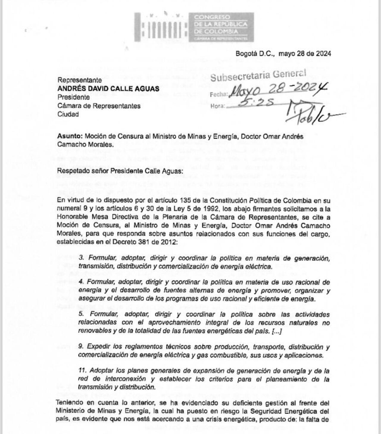 Este es el documento con el que se oficializó la citación a Moción de Censura del ministro de Minas.
