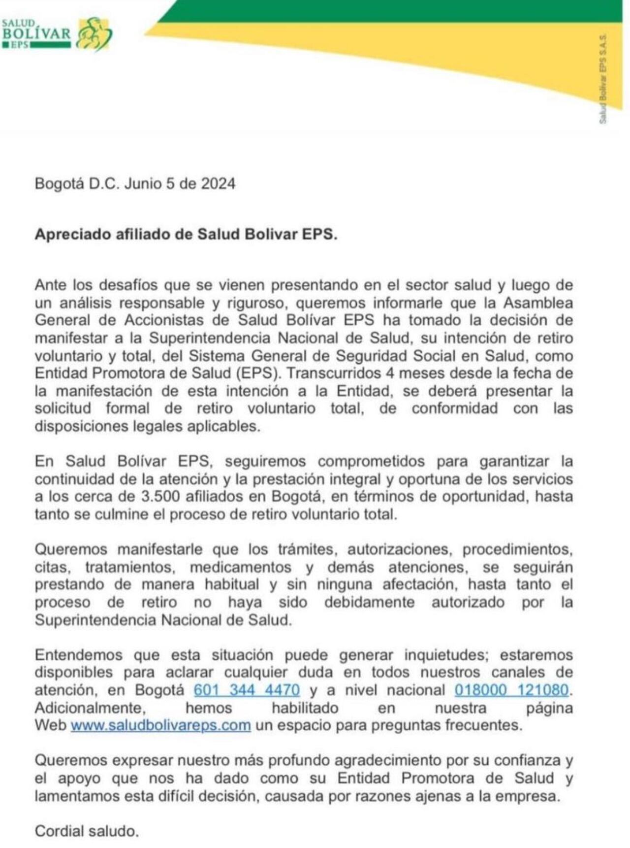 Esta es la carta que los afiliados a la EPS recibieron en sus correos electrónicos.