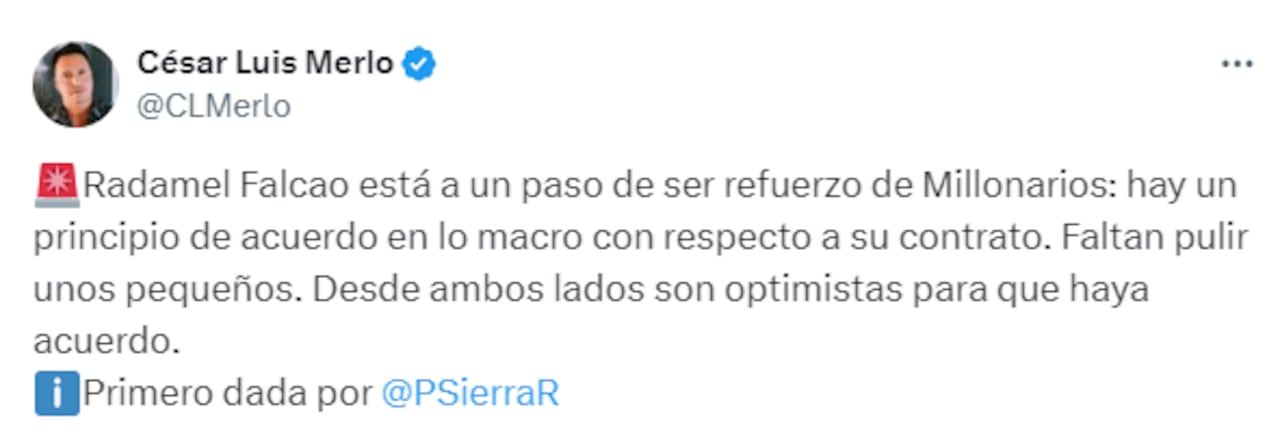 El periodista César Luis Merlo reveló que Falcao y Millonarios llegaron a un principio de acuerdo.