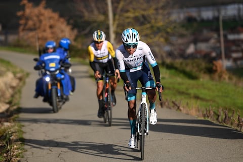 MONT BROUILLY, FRANCE - MARCH 06: (L-R) Luke Plapp of Australia and Team Jayco AlUla and Santiago Buitrago of Colombia and Team Bahrain - Victorious compete in the breakaway during the 82nd Paris - Nice 2024, Stage 4 a 183km stage from Chalon-sur-Saône to Mont Brouilly 476m / #UCIWT / on March 06, 2024 in Mont Brouilly, France. (Photo by Alex Broadway/Getty Images)