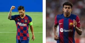 Lionel Messi mientras jugaba en el Barcelona, junto a Lamine Yamal, el joven talentoso que tomó la posta del argentino