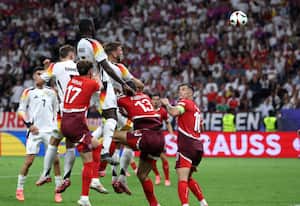 FRANKFURT AM MAIN, GERMANY - JUNE 23: Niclas Fuellkrug of Germany scores his team's first goal with a header as Yann Sommer of Switzerland (not pictured) fails to make a save during the UEFA EURO 2024 group stage match between Switzerland and Germany at Frankfurt Arena on June 23, 2024 in Frankfurt am Main, Germany. (Photo by Alexander Hassenstein/Getty Images)