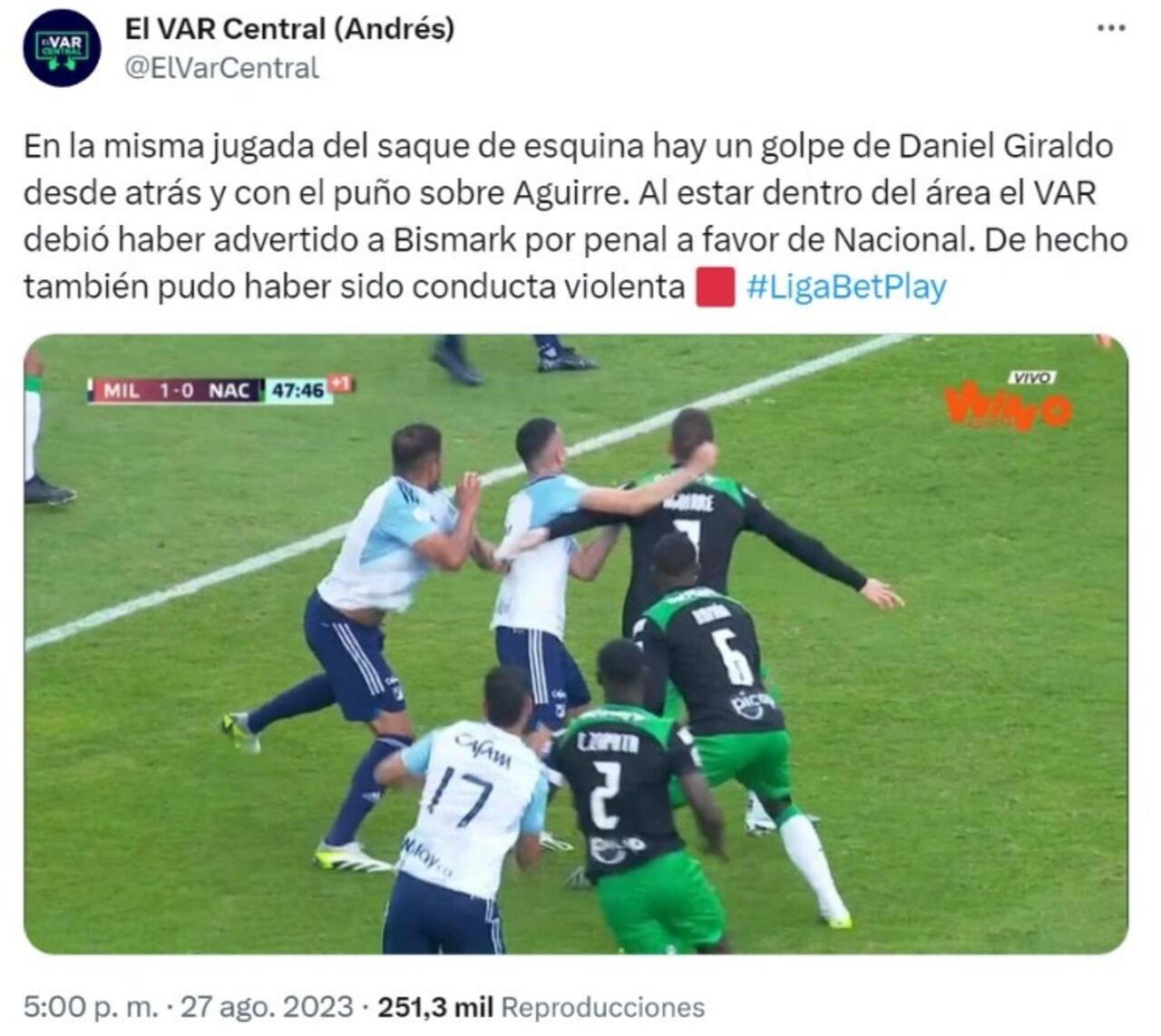Captura de pantalla de la cuenta de Twitter de El VAR Central (Andrés) (@ElVarCentral) donde se explica la jugada y las posibles acciones que se pudieron tomar