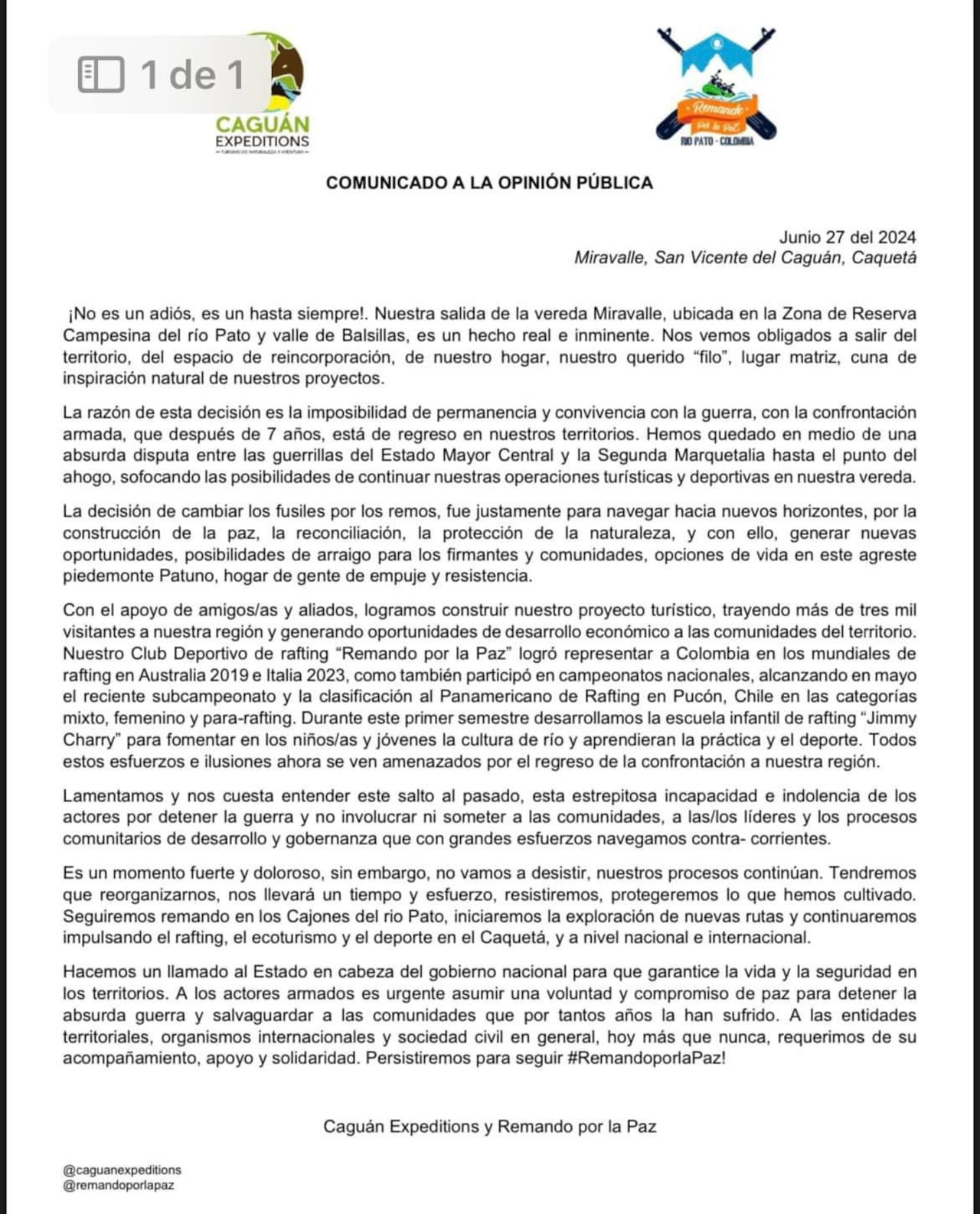 Esta fue la carta con la que firmantes de la paz se despidieron del ETCR de Miravalle por la disputa entre las disidencias del Estado Mayor Central y la Segunda Marquetalia.