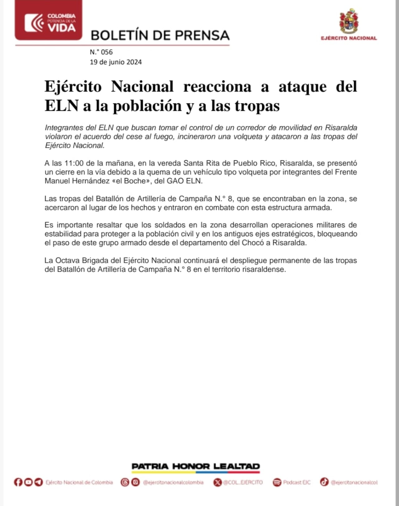 Este fue el comunicado emitido por el Ejército Nacional sobre atentado del ELN en Risaralda.