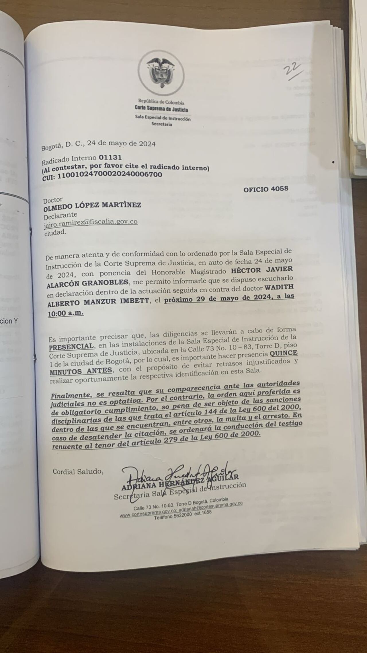 Corte Suprema de Justicia citó a Olmedo López, exdirector de la UNGRD.