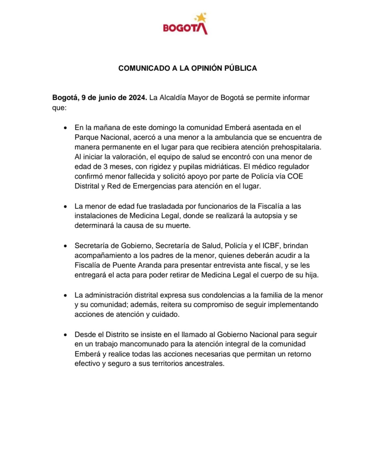 Este es el breve comunicado emitido por la Alcaldía Mayor de Bogotá frente a lo ocurrido.