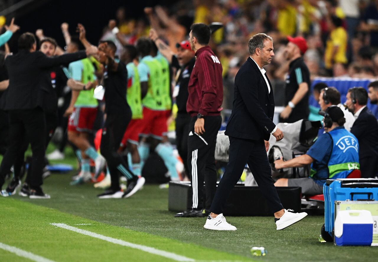 GELSENKIRCHEN, GERMANY - JUNE 20: Hans-Dieter Flick head coach of Germany reacts during the international friendly match between Germany and Colombia at Veltins-Arena on June 20, 2023 in Gelsenkirchen, Germany. (Photo by Frederic Scheidemann/Getty Images)