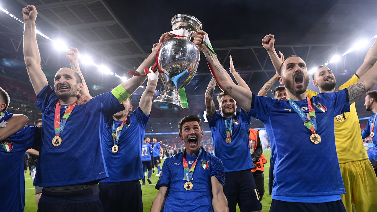 Italy's Giorgio Chiellini and Leonardo Bonucci celebrate with the trophy after winning the UEFA Euro 2020 Final at Wembley Stadium, London. Picture date: Sunday July 11, 2021. (Photo by PA Wire/PA Images via Getty Images)