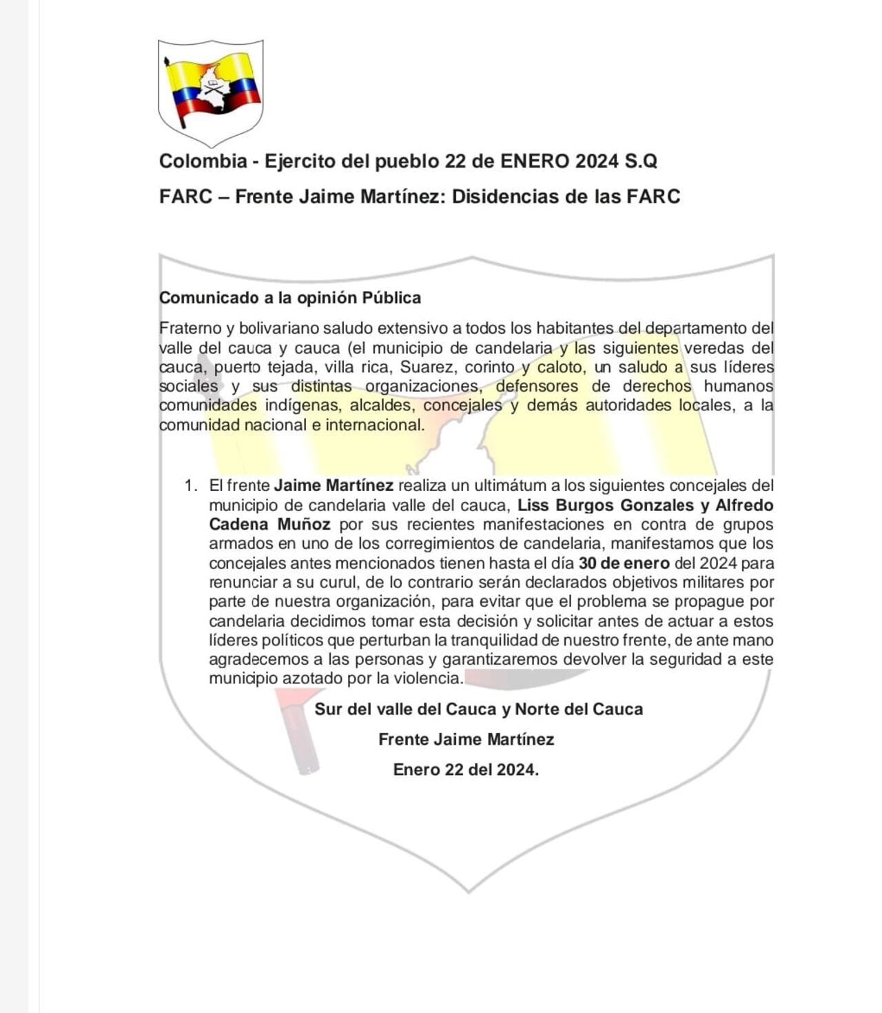 Este es el panfleto por el que las disidencias de las Farc amenazan a dos concejales de Candelaria.