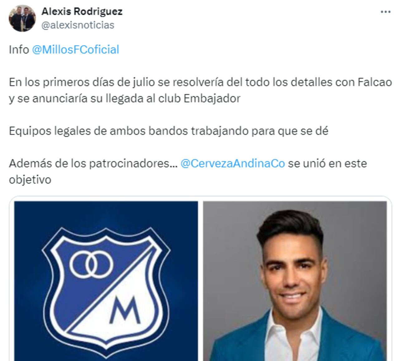 Según el periodista Alexis Rodríguez, Millonarios anunciaría la llegada de Falcao en los primeros días de julio.