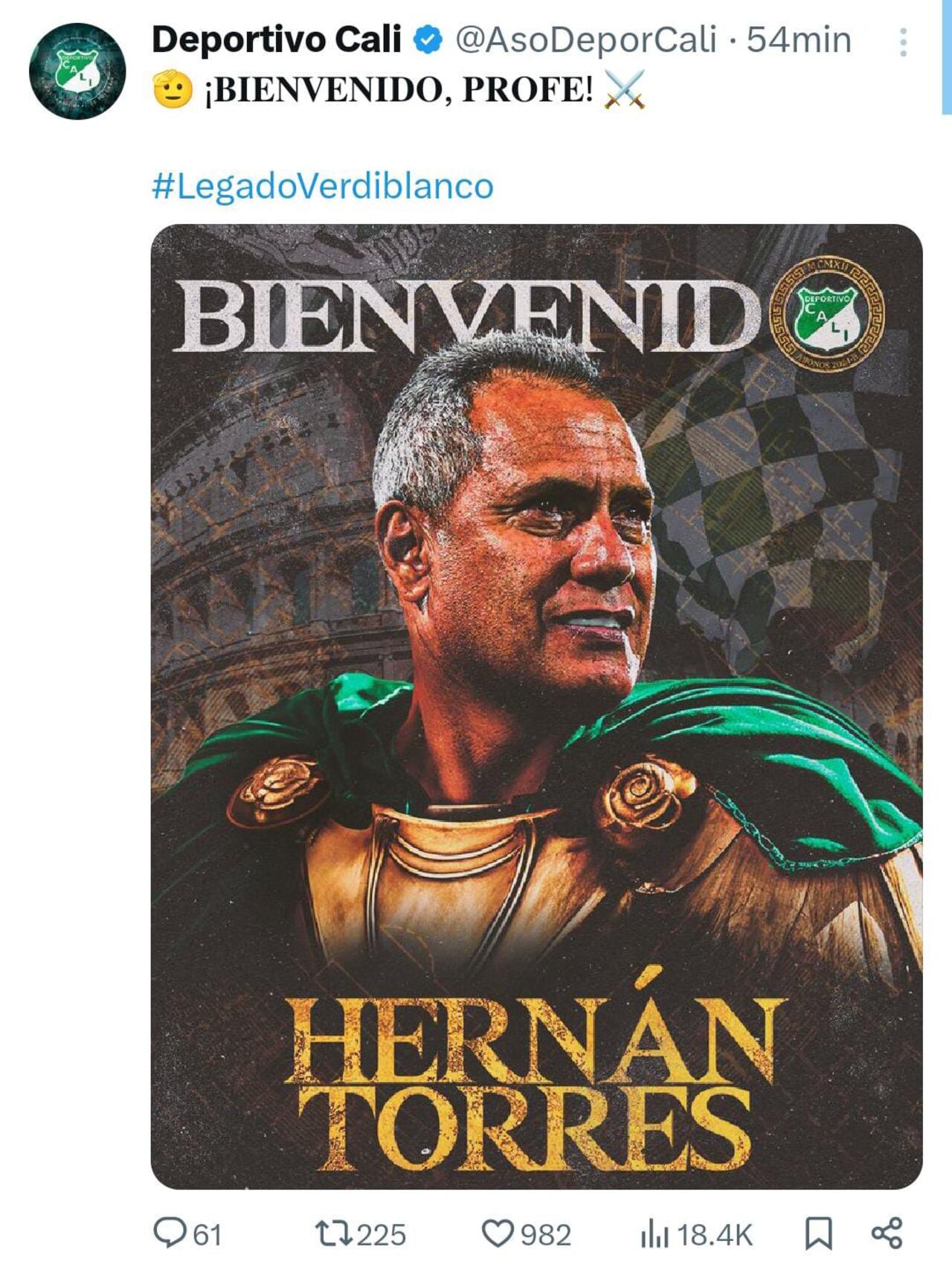 Esta es la imagen con la que el Deportivo Cali le dio la bienvenida a Hernán Torres.