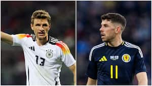 Thomas Müller, al servicio de Alemania, y Ryan Christie, jugador de Escocia.