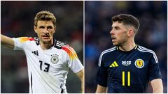 Thomas Müller, al servicio de Alemania, y Ryan Christie, jugador de Escocia.