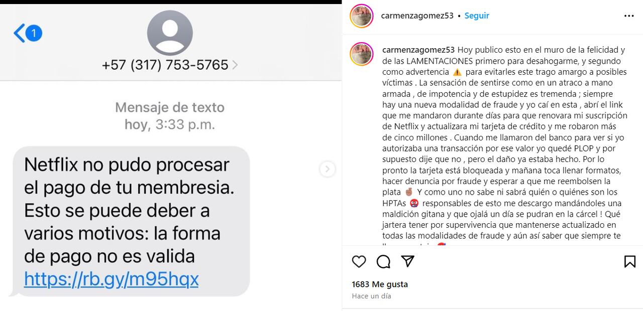 Actriz Carmenza Gómez fue estafada por medio de un mensaje de texto y le robaron una gran suma de dinero.