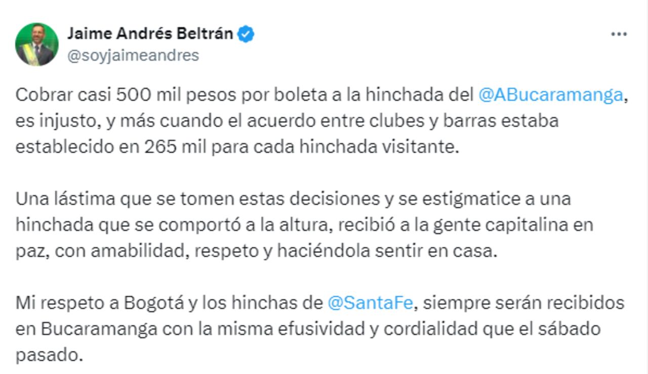 Alcalde de Bucaramanga se preció por el precio de la boletería de Santa Fe para la final de la Liga.