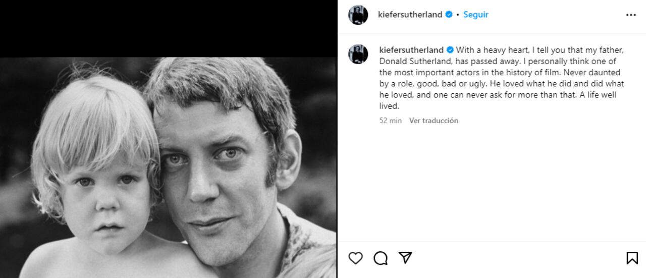 El actor Donald Sutherland falleció  sus 88 años, así lo anunció su hijo Kiefer Sutherland en sus redes sociales.