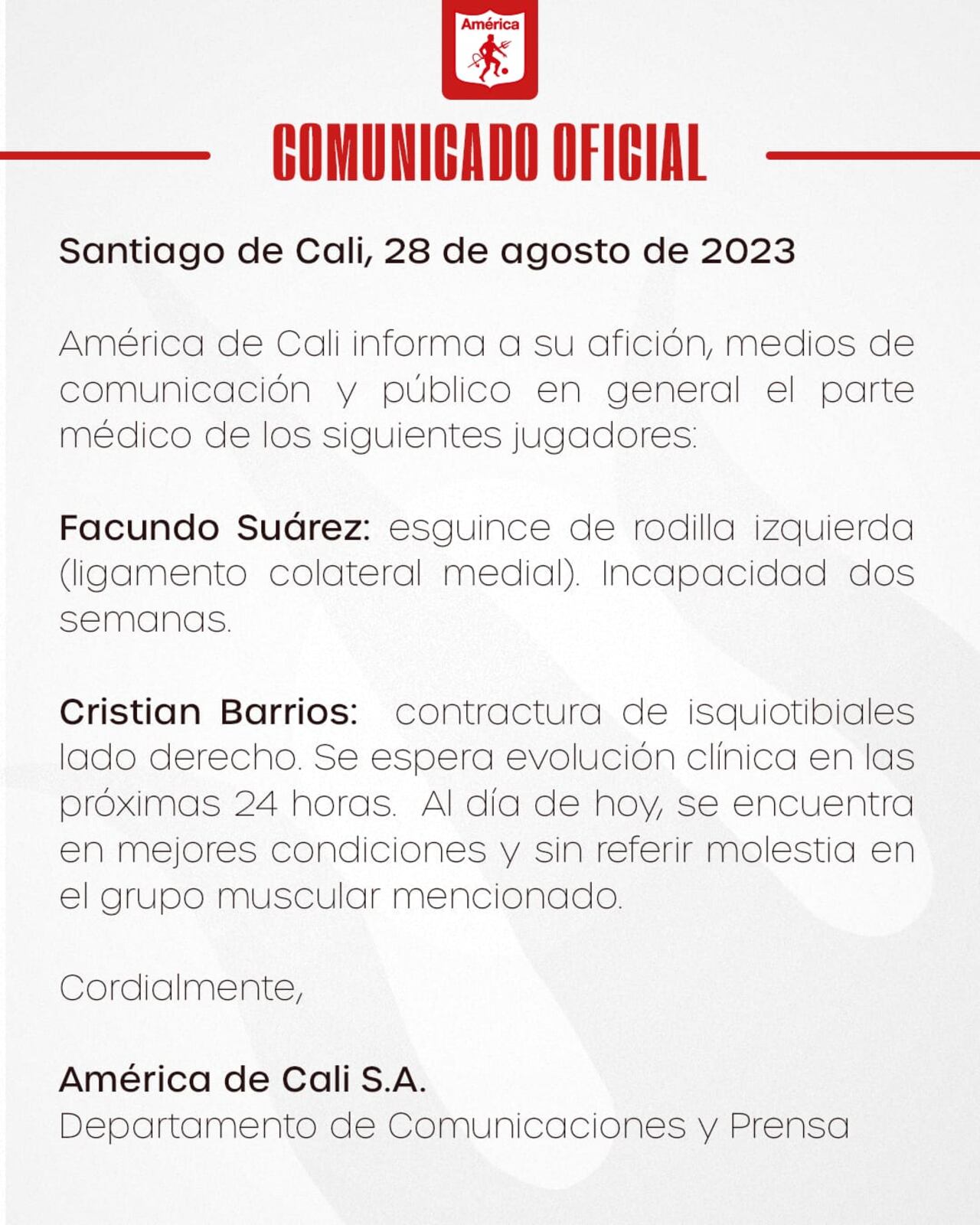 Comunicado de prensa oficial del América donde habla de las lesiones de Facundo Suárez y Cristian Barrios