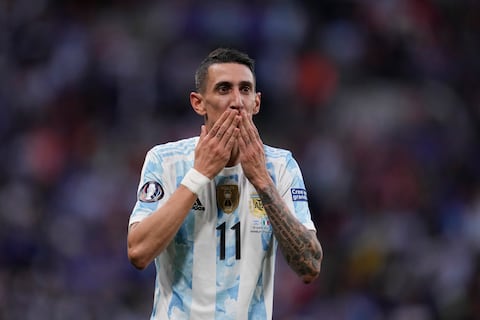 Argentina's Angel Di Maria celebrates after scoring his side's second goal during the Finalissima soccer match between Italy and Argentina at Wembley Stadium in London , Wednesday, June 1, 2022. (AP Photo/Matt Dunham)