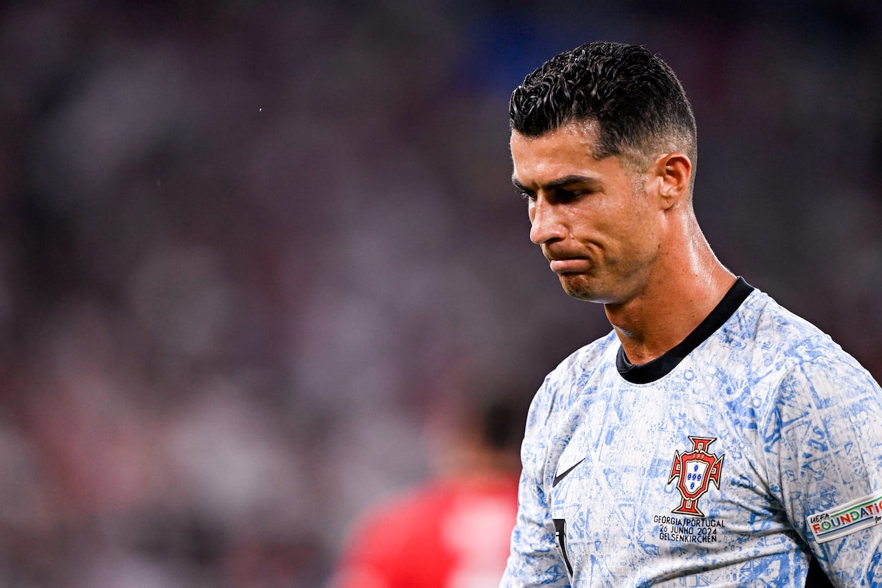 GELSENKIRCHEN, GERMANY - JUNE 26: Cristiano Ronaldo of Portugal looks dejected during the Group F - UEFA EURO 2024 match between Georgia and Portugal at Arena AufSchalke on June 26, 2024 in Gelsenkirchen, Germany. (Photo by Pablo Morano/BSR Agency/Getty Images)