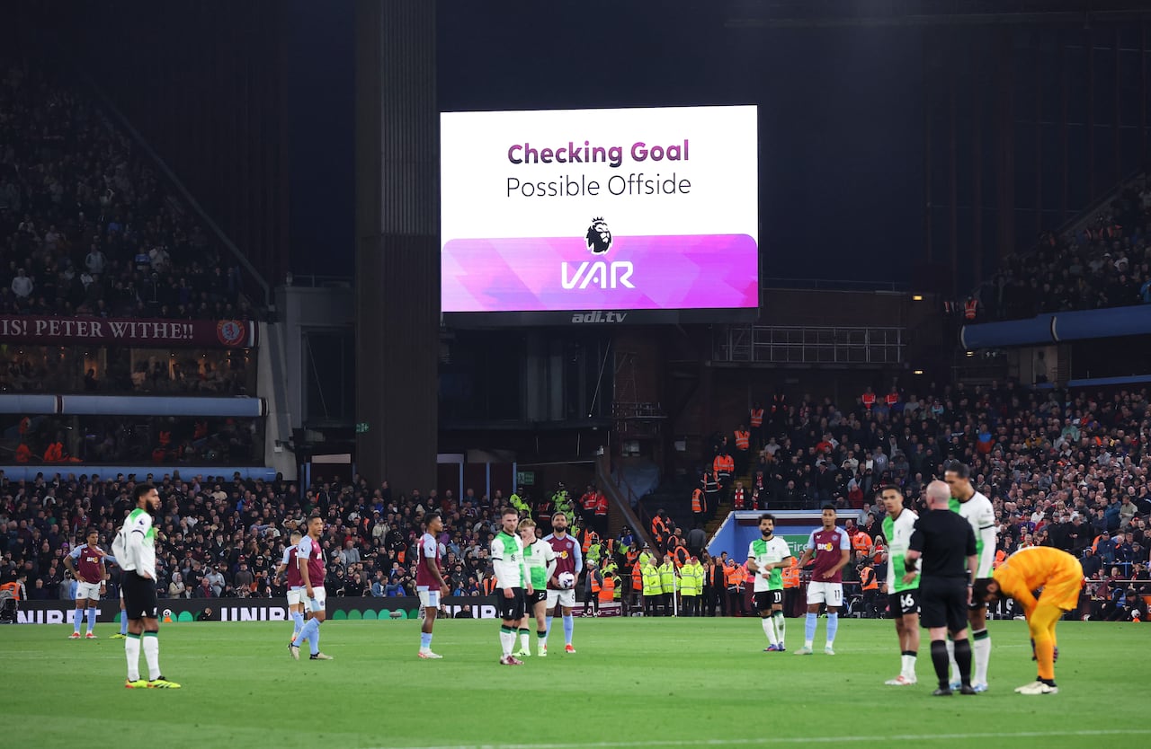 BIRMINGHAM, ENGLAND - MAY 13:  VAR checks and disallows a goal by Ollie Watkins of Aston Villa during the Premier League match between Aston Villa and Liverpool FC at Villa Park on May 13, 2024 in Birmingham, England. (Photo by Alex Livesey - Danehouse/Getty Images)