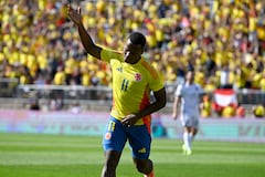 Colombia's Jhon Arias celebrates his goal during an international friendly soccer match against Bolivia at Pratt & Whitney Stadium at Rentschler Field, Saturday, June 15, 2024, in East Hartford, Conn. (AP Photo/Jessica Hill)