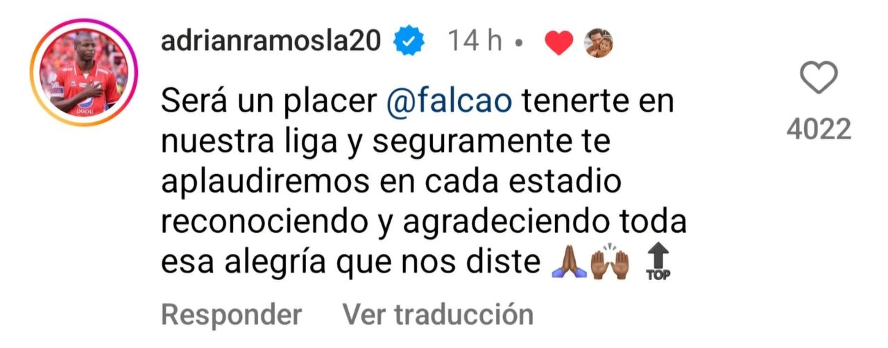 Mensaje del capitán del América de Cali, Adrián Ramos, a Falcao por su llegada a Millonarios.