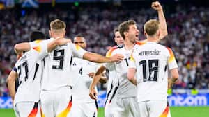 14 June 2024, Bavaria, Munich: Soccer: UEFA Euro 2024, European Championship, Germany - Scotland, preliminary round, Group A, matchday 1, Munich Football Arena, Germany's Thomas Müller (2nd from right) celebrates after a goal by Germany's Niclas Füllkrug (2nd from left). The goal was disallowed by the video referee for offside. Photo: Tom Weller/dpa (Photo by Tom Weller/picture alliance via Getty Images)