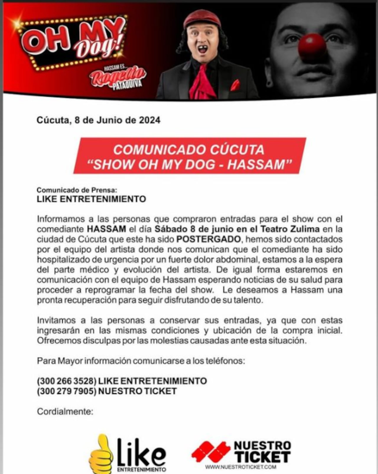 Hassam tuvo un problema de salud y tuvo que cancelar su show en Cúcuta.