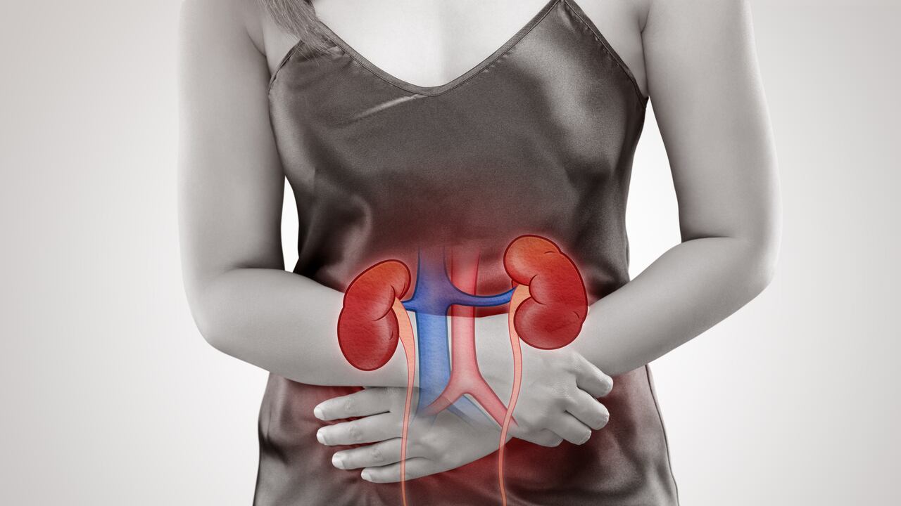 The woman has Kidney disease and Stomach ache, On gray background