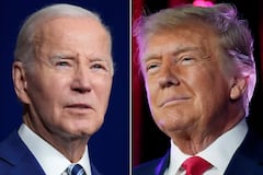En esta combinación de fotografías, el presidente Joe Biden habla el 10 de agosto de 2023 en Salt Lake City; de izquierda a derecha, el expresidente Donald Trump habla el 8 de julio de 2023 en Las Vegas.