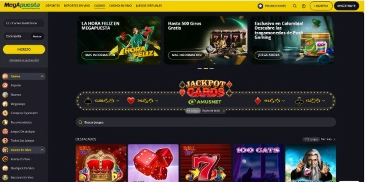 Megapuesta tiene un casino en vivo con más de 65 salas disponibles.