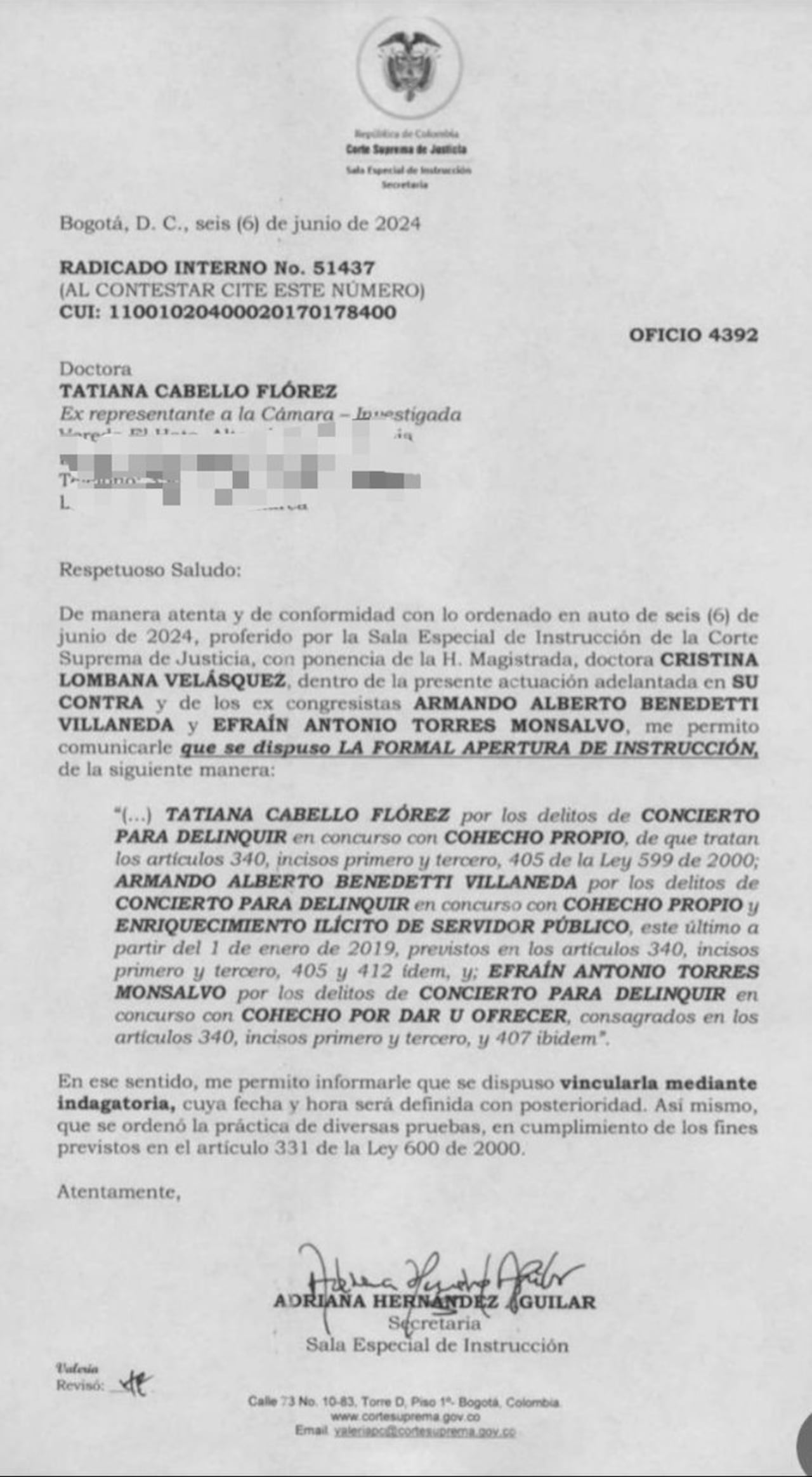 Este es el documento con el que la Corte Suprema dio a conocer la apertura de la investigación contra Armando Benedetti, Tatiana Cabello y Efraín Torres.