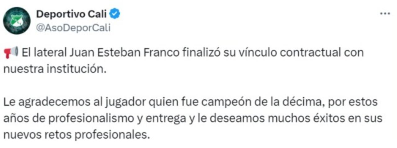 Deportivo Cali hace oficial la salida de Juan Esteban Franco de la institución.